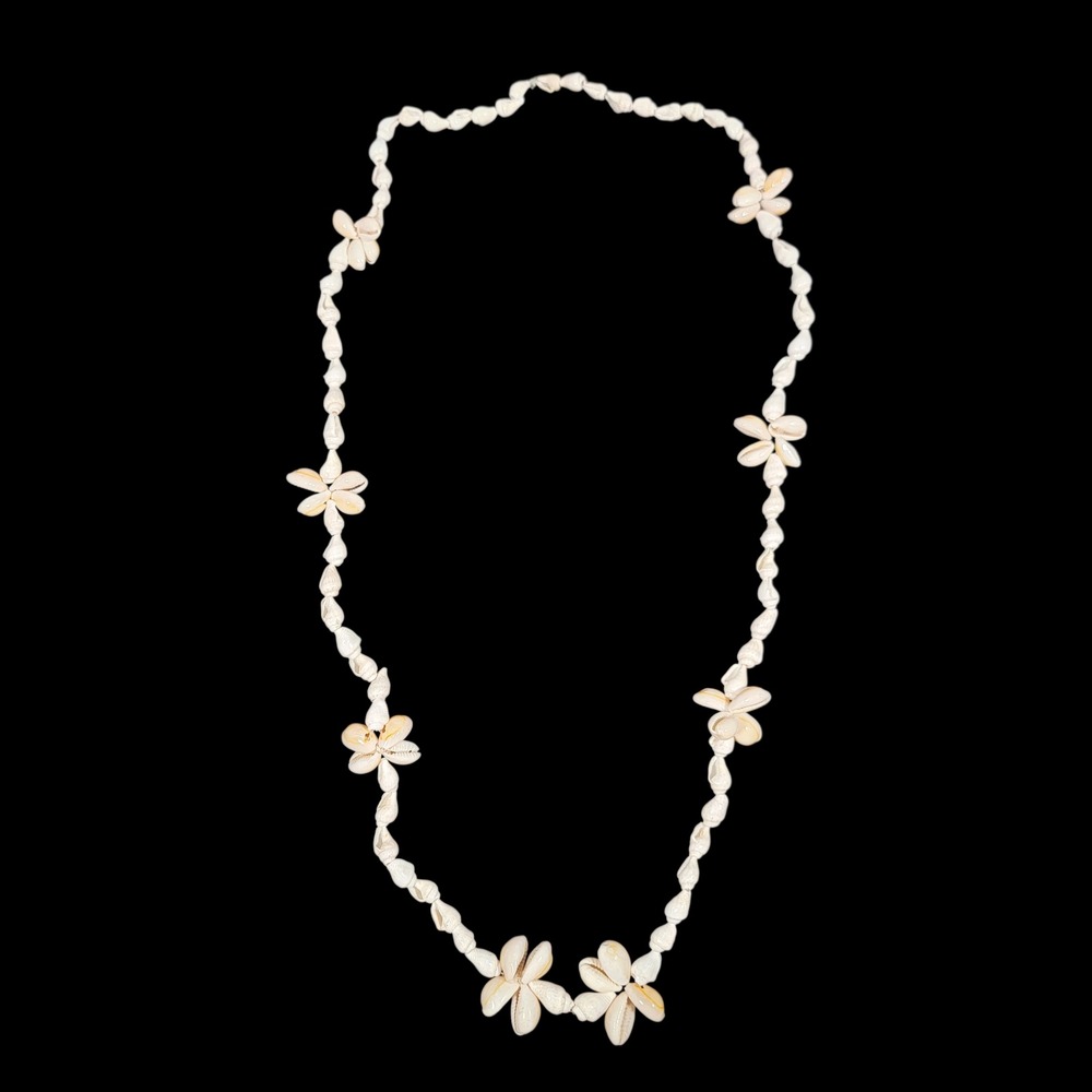 VTG 70s 80s Money Cowrie & Nassarius Flower Shell Necklace 34" Boho Beachy